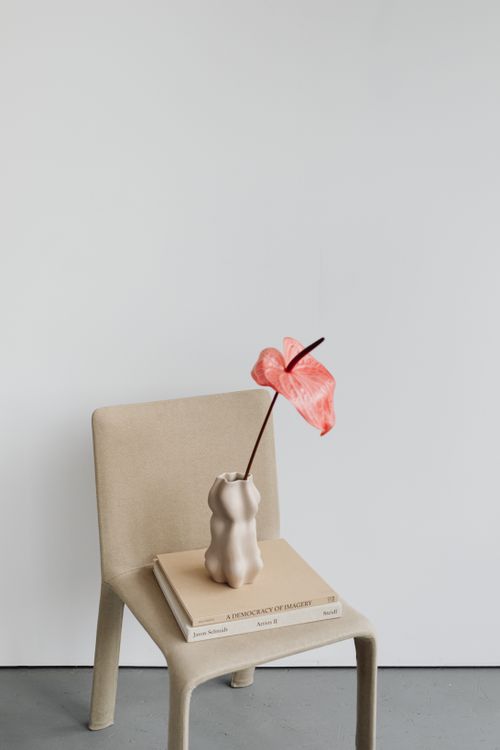 Free An elegant anthurium flower in a sculptural vase on a minimalist chair. Stock Photo