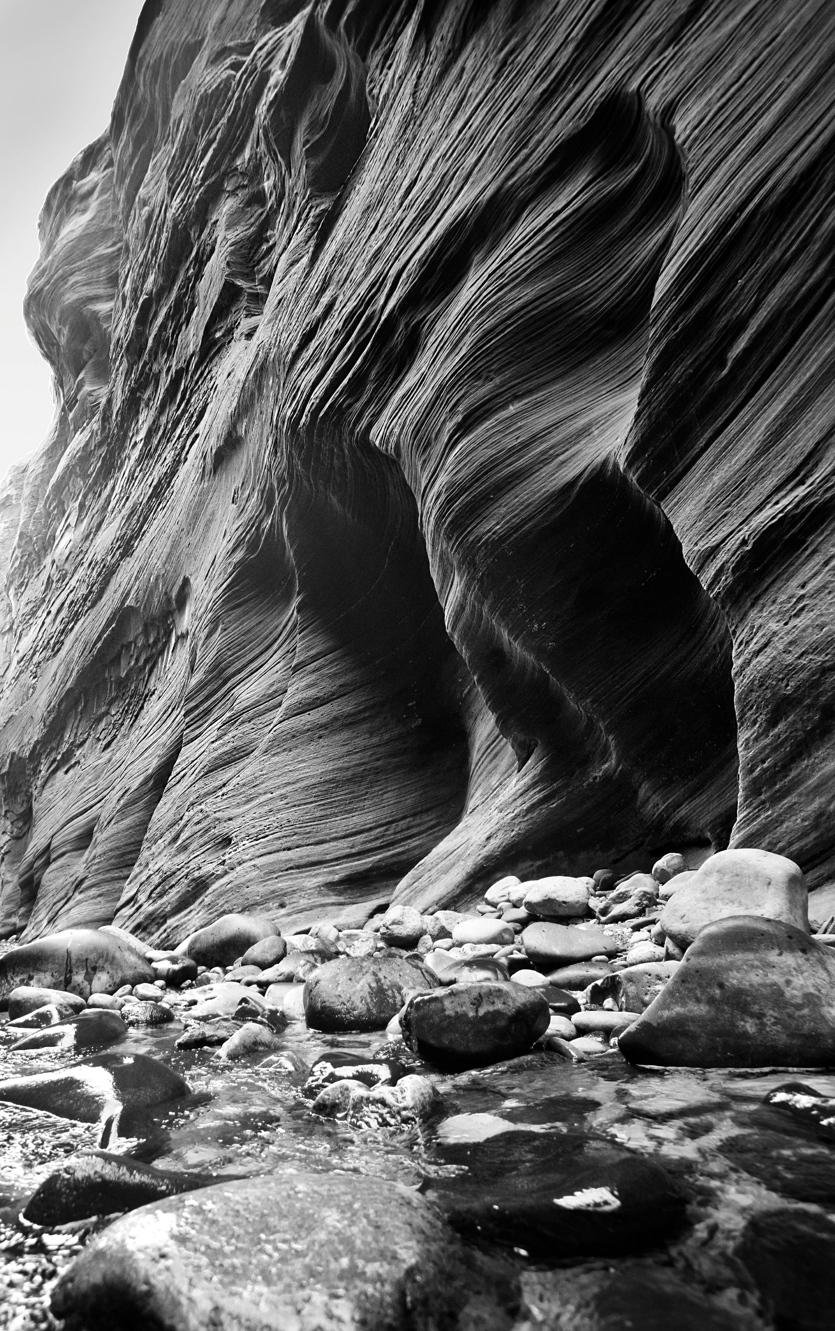 Dramatic monochrome view of a textured canyon wall with smooth rocks.
