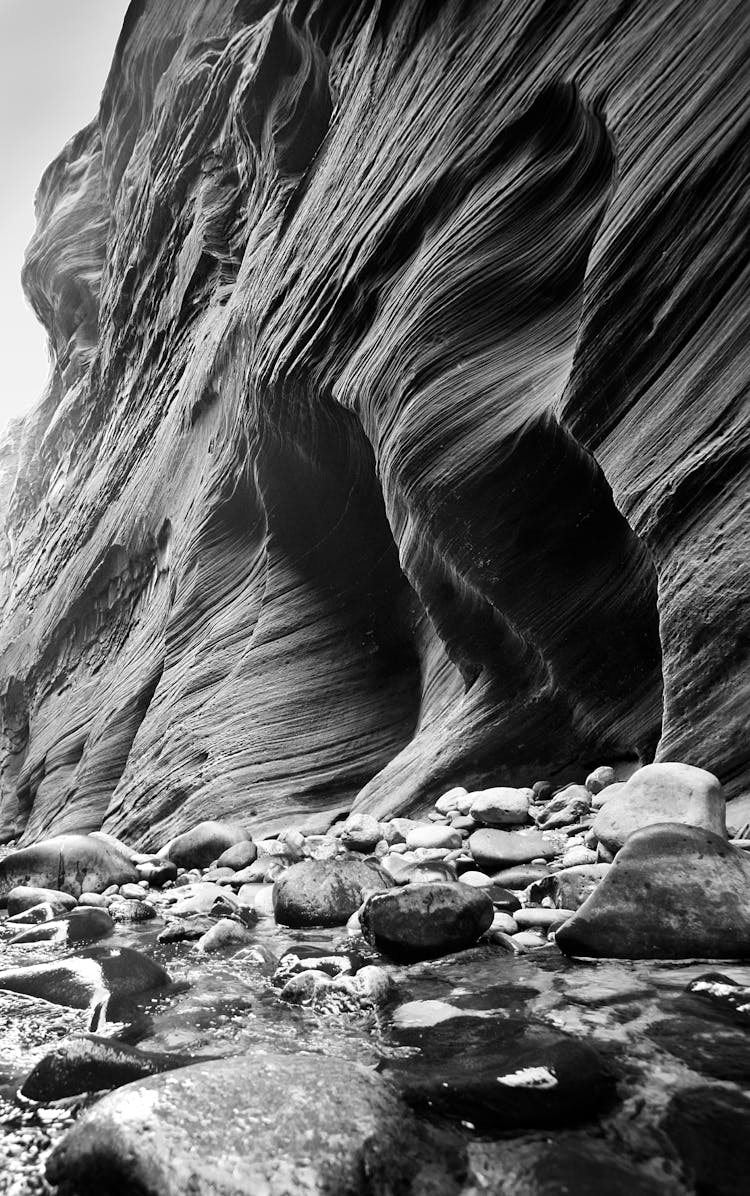 Grayscale Photo Of Rocks Near A Canyon Wall