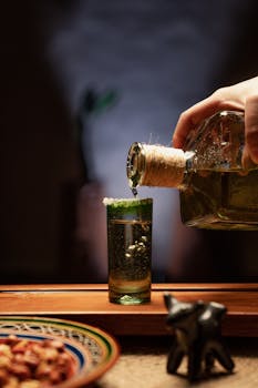 Hand pouring tequila into a salt-rimmed shot glass, capturing a traditional Mexican drink moment.
