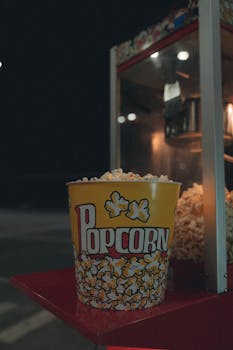 Close-up of a popcorn bucket at an outdoor snack stand at night, showcasing cinematic ambiance.