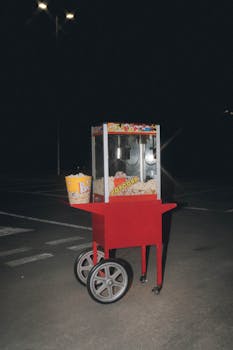 Red popcorn cart with a bucket of popcorn in a parking lot at night.