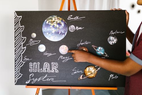 Free Colorful solar system poster in a classroom emphasizing planets and learning. Stock Photo