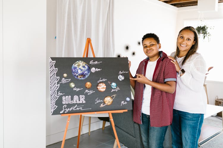 Mother And Son Posing With School Project