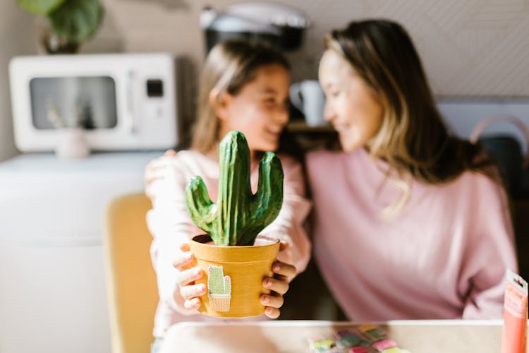 Woman Holding Cactus Plant On Brown Pot