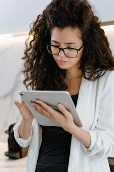 Young woman with glasses concentrating on a tablet for remote work indoors.