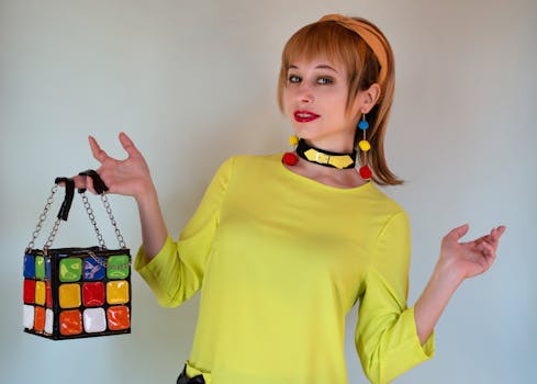 Trendy female in stylish colorful outfit with accessories and modern puzzle cube purse looking at camera on white background in studio