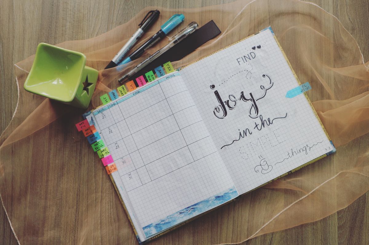 Daily planner notebook surrounded by pens and coffee.
