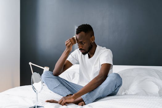African American man in white shirt focusing on self-care in a cozy bedroom.