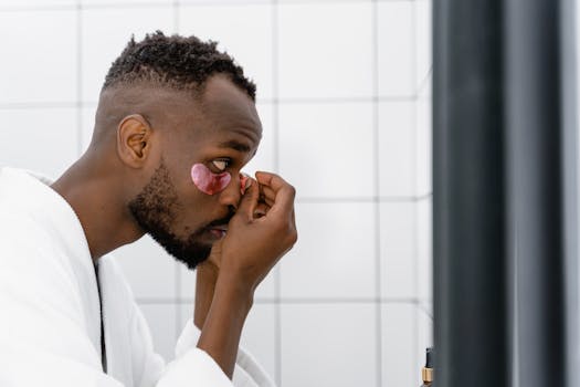 A man in a white robe applies skincare eye patches in a modern bathroom setting.