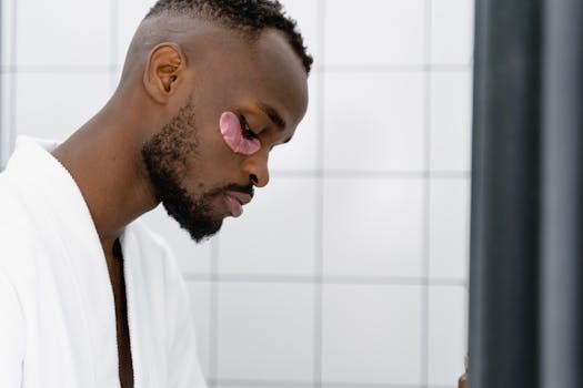 African American man in white robe applying under eye mask for skincare routine.