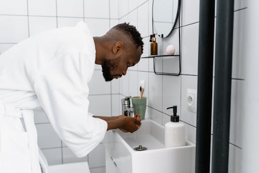 African American man in bathroom washing hands in a modern white bathrobe.