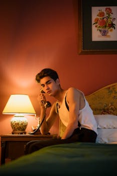 Young man talking on a vintage telephone in warmly lit classic bedroom.