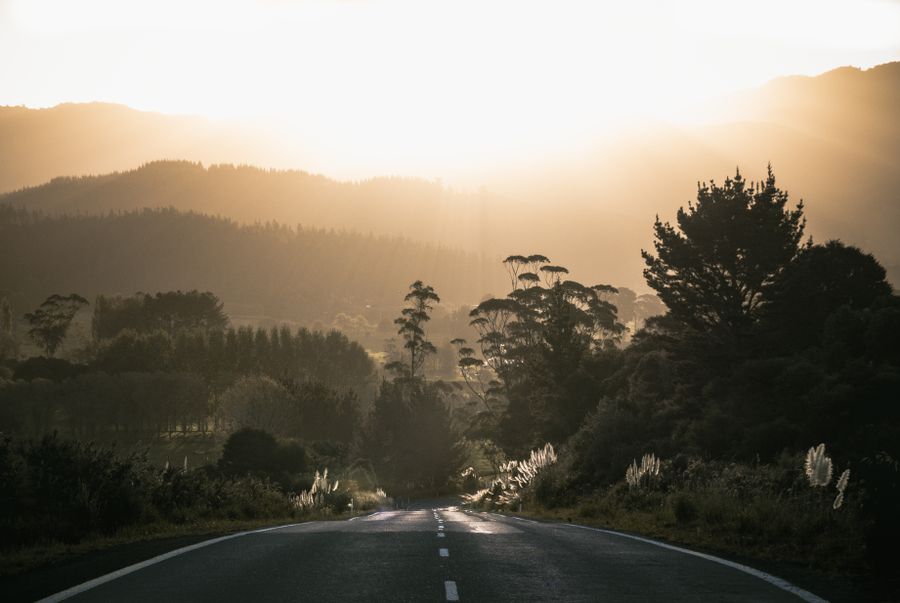 Empty road winding through misty hills at sunrise — photo by Tyler Lastovich on Pexels