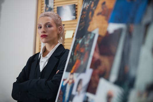 A confident businesswoman with arms crossed, standing next to a bulletin board in a professional setting.