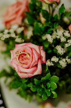 Close-up of a diamond engagement ring placed on a pink rose surrounded by delicate greenery.