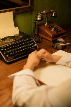 A retro office scene featuring an old typewriter, rotary phone, and a person at a desk.