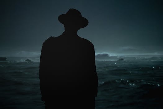 Dramatic silhouette of a man with hat standing by the ocean under a dark night sky.