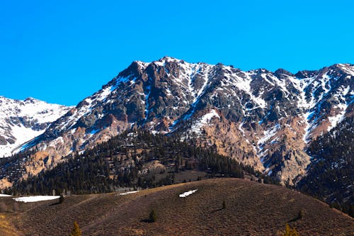 Snowy Brown Mountain Under a Clear Blue Sky