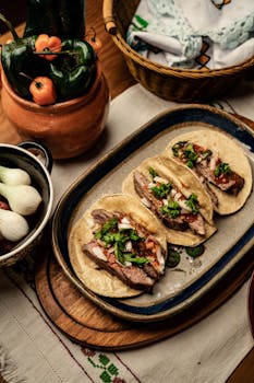 Delicious Mexican beef tacos served on a platter with fresh onions and peppers. Perfect for a traditional meal.