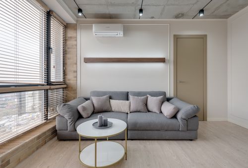 Free Minimalist living room with grey sofa, pillows, and modern decor. Stock Photo