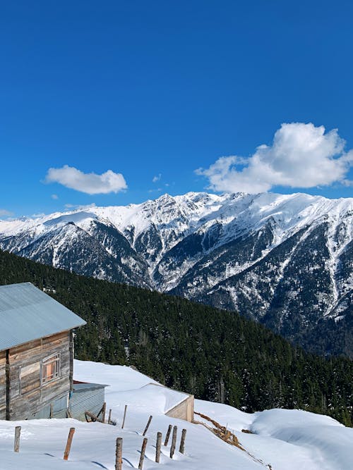 ahşap ev, çevre, dağ içeren Ücretsiz stok fotoğraf