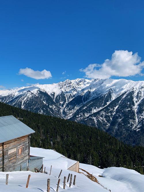 Free Scenic winter view of snow-covered mountains and timbered house in Rize, Türkiye. Stock Photo