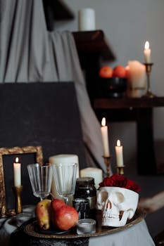 Atmospheric Halloween still life with candles, skull, and autumn fruits, perfect for festive decor.
