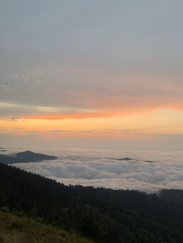 Idyllic sunrise view over clouds and forest in Rize, Türkiye, showcasing a tranquil and picturesque landscape.