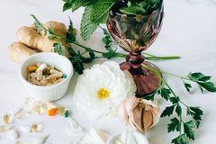 Arrangement of herbal medicine ingredients with capsules on marble surface for natural treatment.