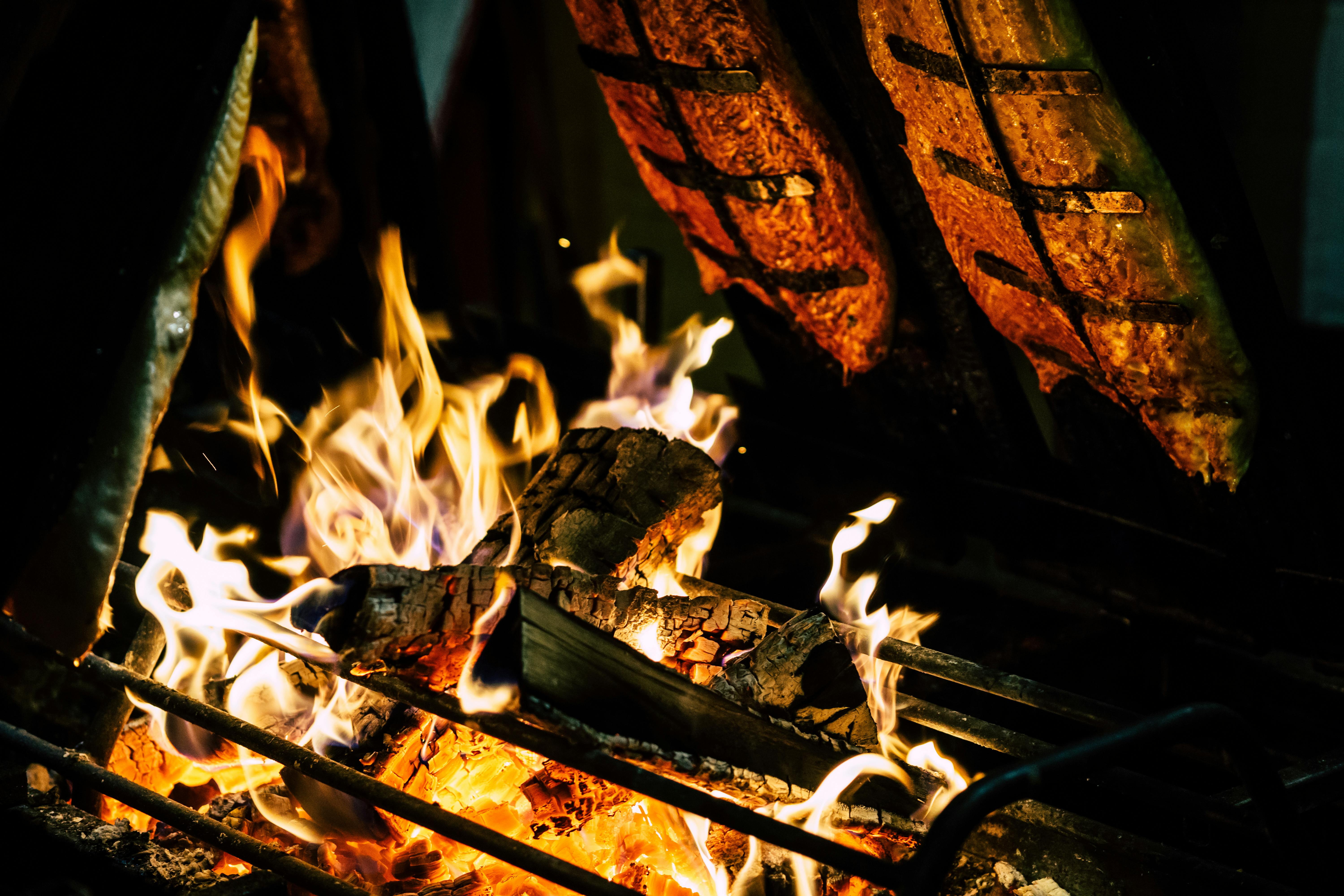 focal point photo of burning wood in black steel grate