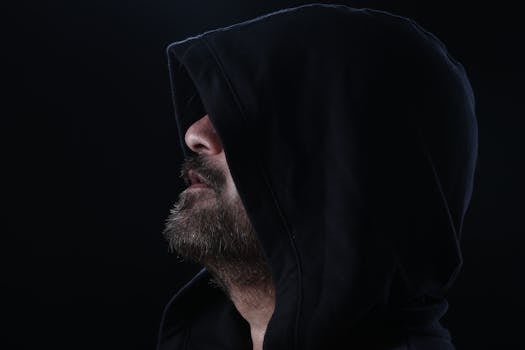 在工作室环境中，一名戴着兜帽、留着胡须的男子侧面肖像，呈现出神秘而忧郁的氛围
