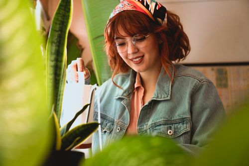 Free A woman in a denim jacket cheerfully waters indoor plants, promoting a love for greenery and home gardening. Stock Photo