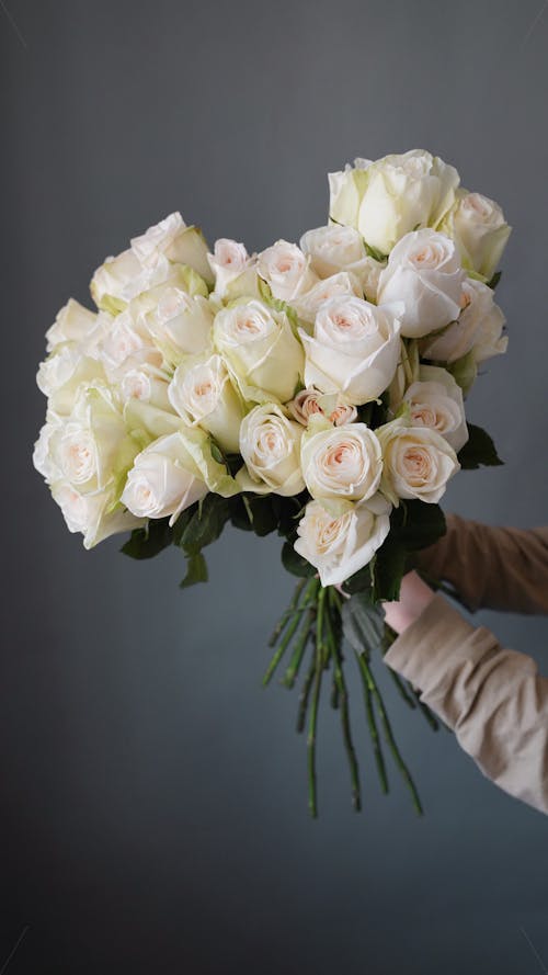 Crop anonymous florist demonstrating elegant bouquet of fresh aromatic roses with white tender petals against