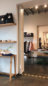 A modern clothing boutique interior featuring shelves, clothes, and accessories on display.