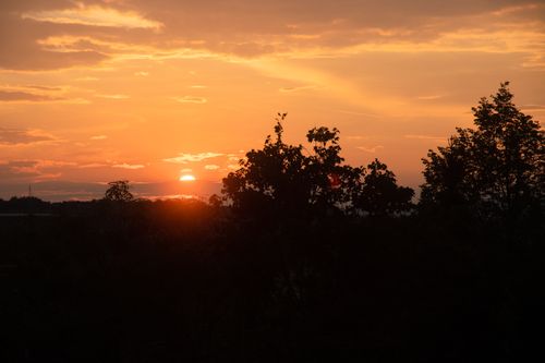 Free A serene sunrise casting vibrant colors over silhouettes of trees in the countryside. Stock Photo
