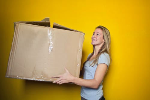 Free Woman In Grey Shirt Holding Brown Cardboard Box Stock Photo