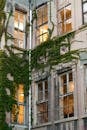 Facade of old building with green ivy and windows