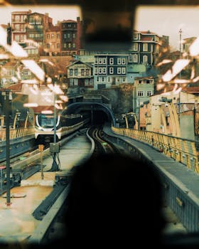 From window view of train on railway tracks near old buildings in town district in daytime