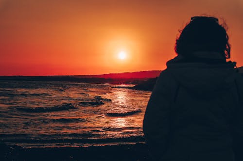 Silhouette of Person Standing on Shore during Sunset