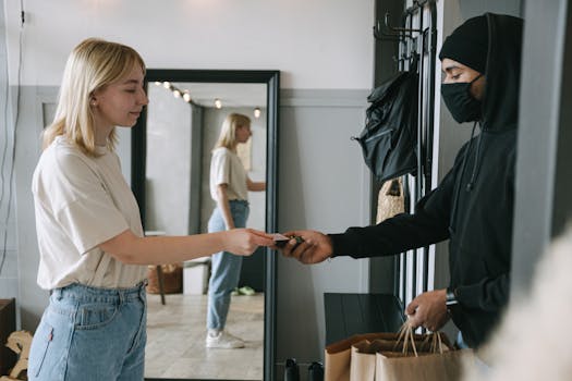 A woman receives a delivery and makes a contactless payment to a masked courier at home.
