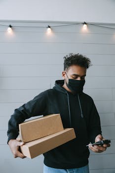 Delivery man wearing a mask carrying packages and using mobile phone indoors.