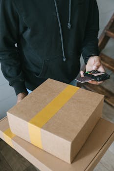 Close-up of courier using card reader for cashless transaction during package delivery.
