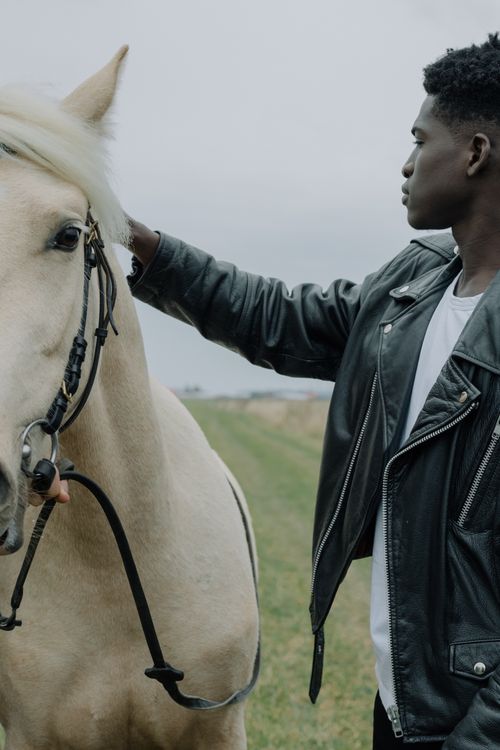 Free Young man in a black leather jacket standing with a white horse in a grassy outdoor setting, conveying calm and connection. Stock Photo