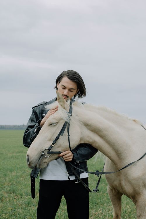 Free A man affectionately caresses a white horse in a green rural pasture. Stock Photo