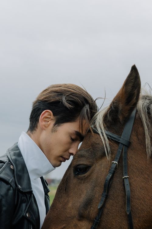 Free Side view of a man bonding with a horse, showcasing human-animal connection outdoors. Stock Photo