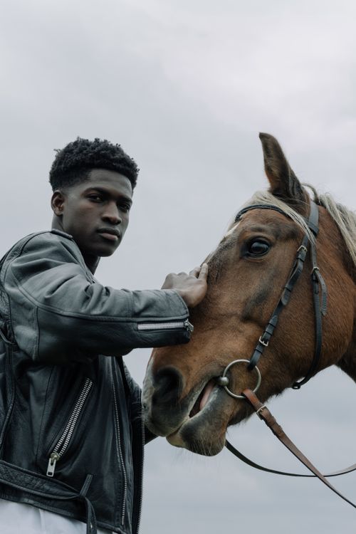 Free A young man in a black leather jacket gently pets a horse outdoors, showcasing a bond with animals. Stock Photo