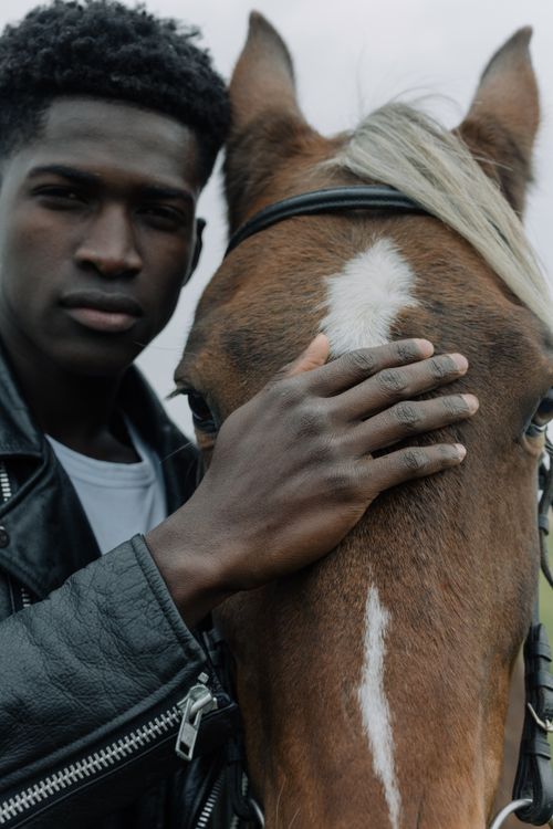 Free A man in a black leather jacket gently holding a horse's head outdoors. Stock Photo