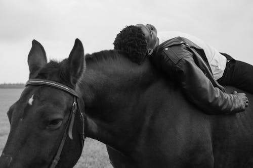 Grayscale Photo of a Man Lying on a Horse
