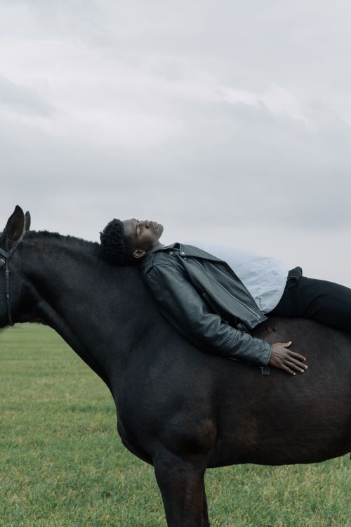 Free A man in a leather jacket lies peacefully on a horse in an open grassy field. Stock Photo